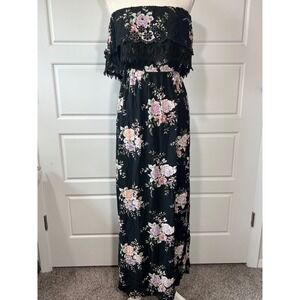 American Eagle Maxi Dress Medium Black Floral Strapless Lace Trim Boho Chic
